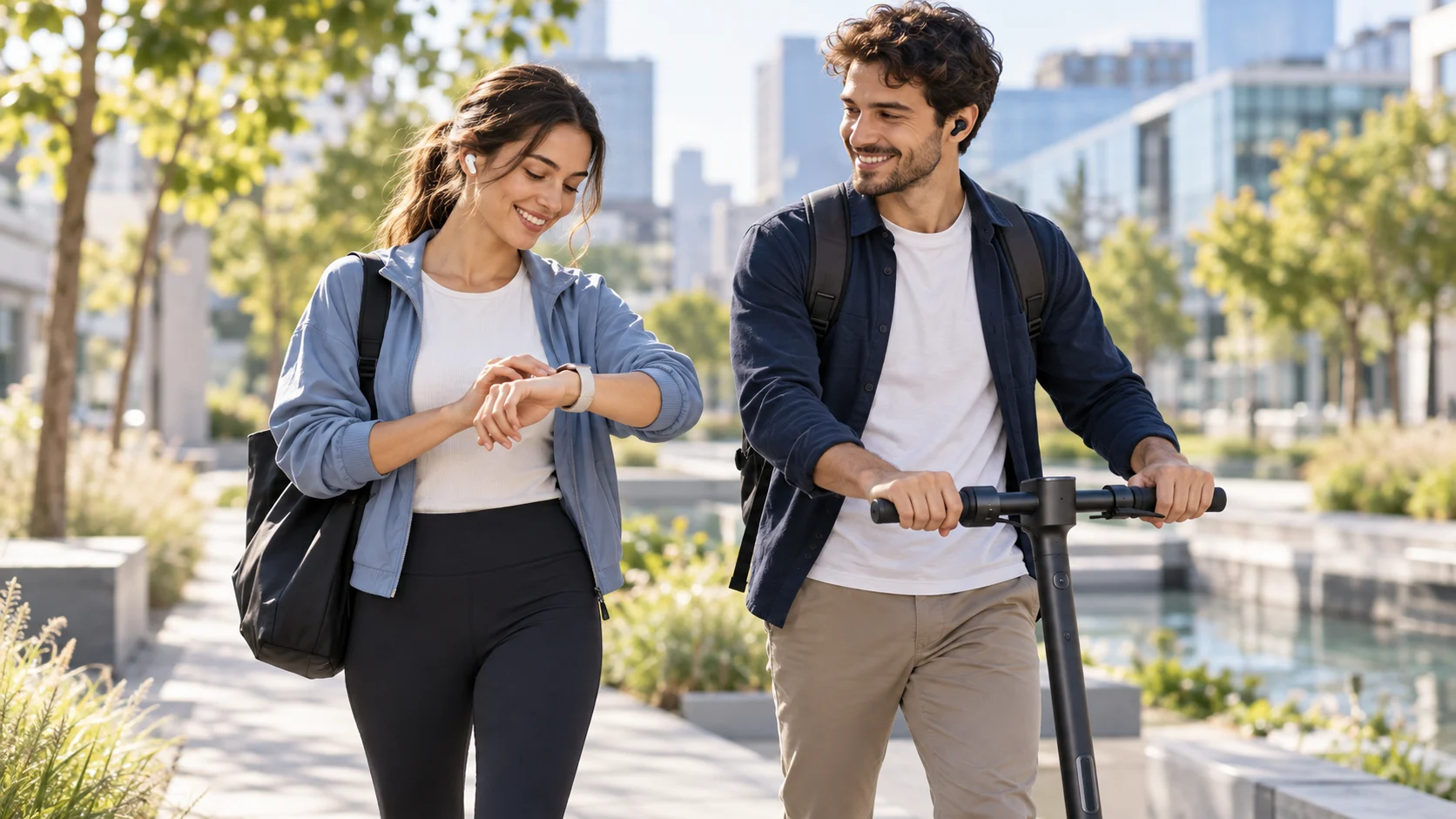 Two adults using wearable technology alongside a commuter scooter in an urban park