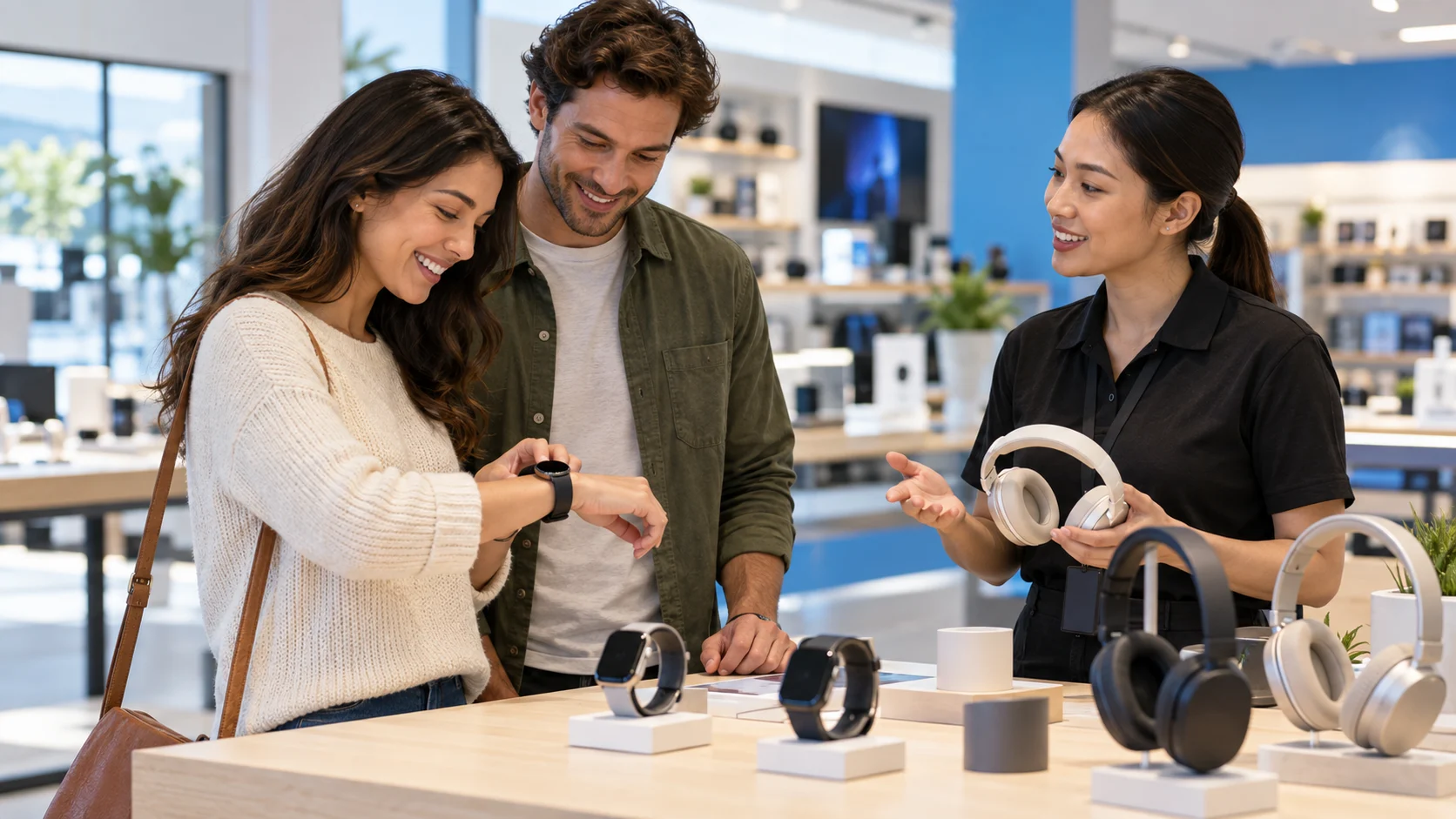 Shoppers explore a smartwatch and headphones with a retail associate